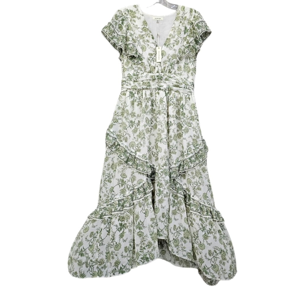 Max Studio Creme/Sage Green Garden Floral Asymmetrical Flutter Sleeve Midi Dress